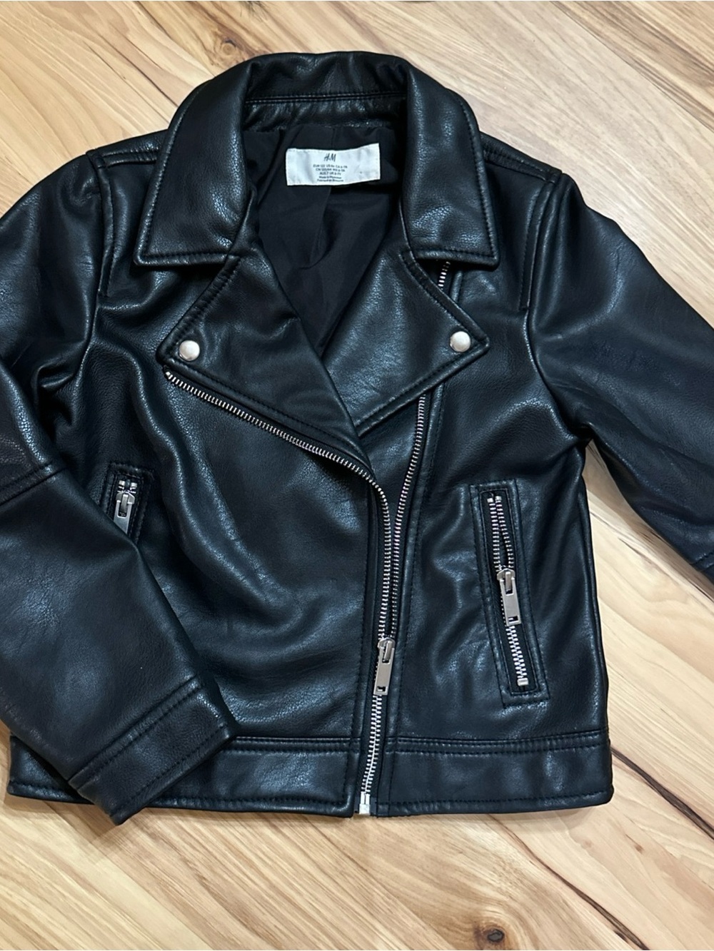 H&M Kids Black Faux Leather Moto Jacket with Silver Hardware 6X